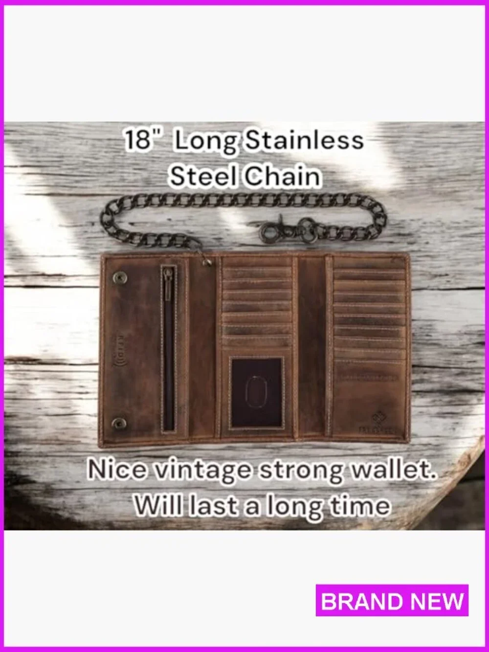 Men's Tri-Fold Leather Wallet RFID Blocking Chain Casual Classic Biker Style